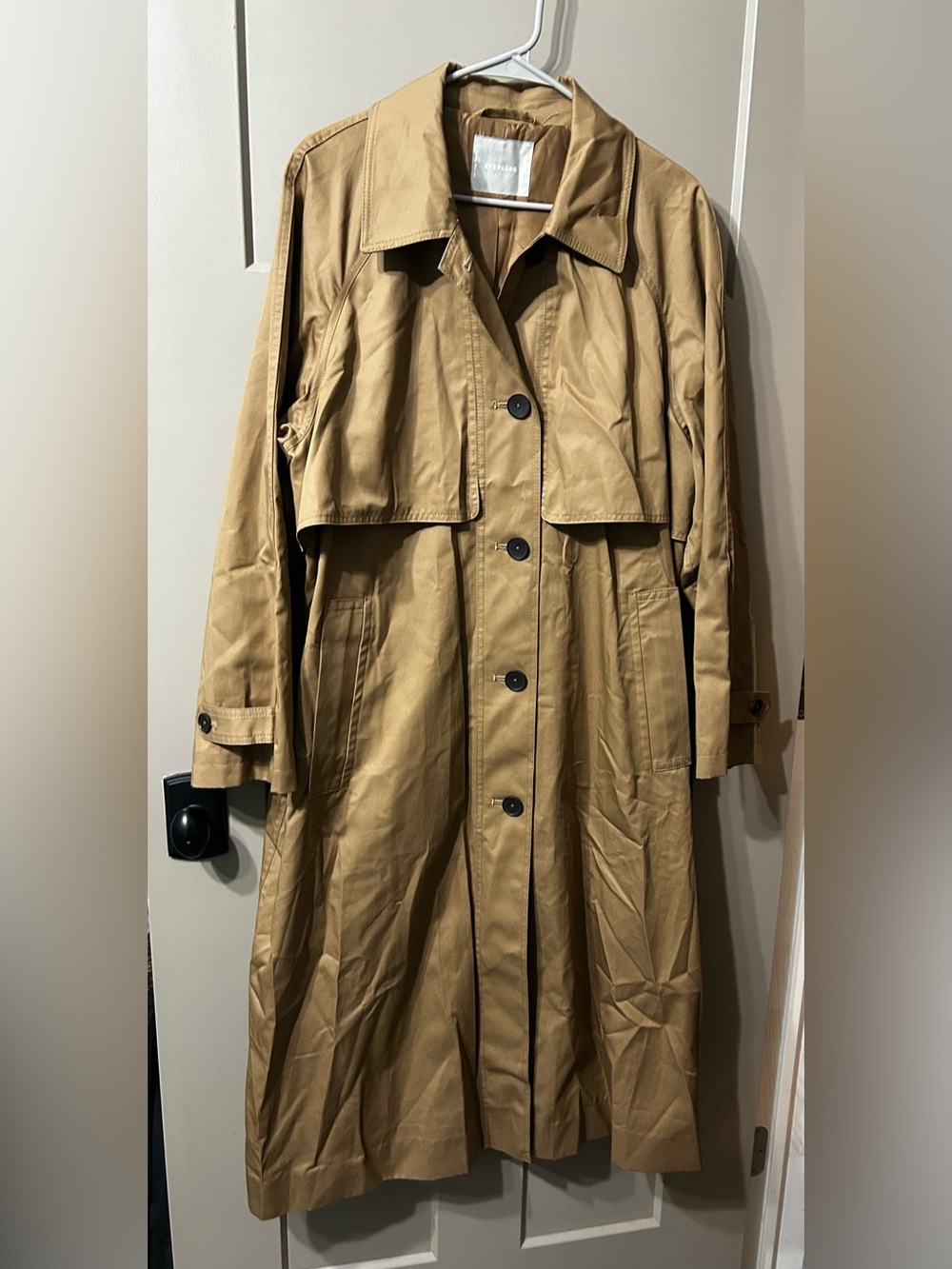 Everlane Long Mac Coat in toasted coconut colored tan Trench button up